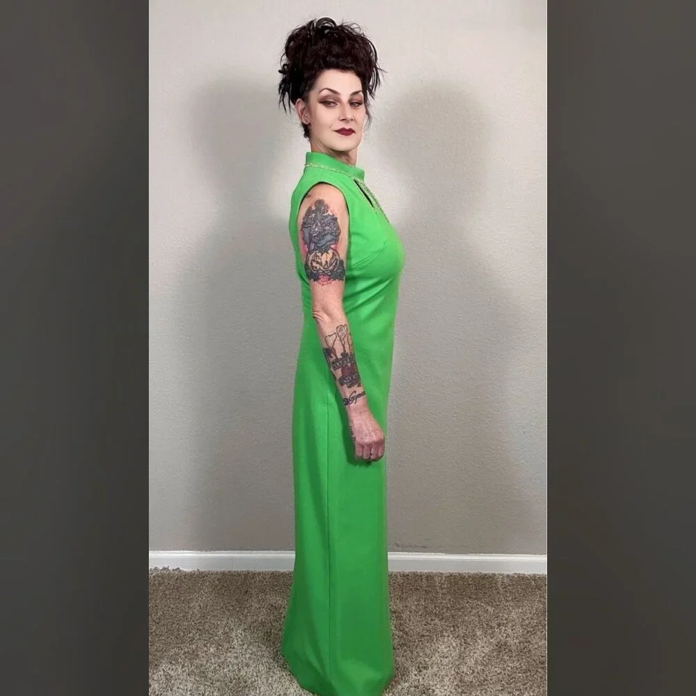 60s Bright Green Maxi Sheath Column Dress Rhinestone MCM Mod Rockabilly Pinup M - Picture 6 of 15